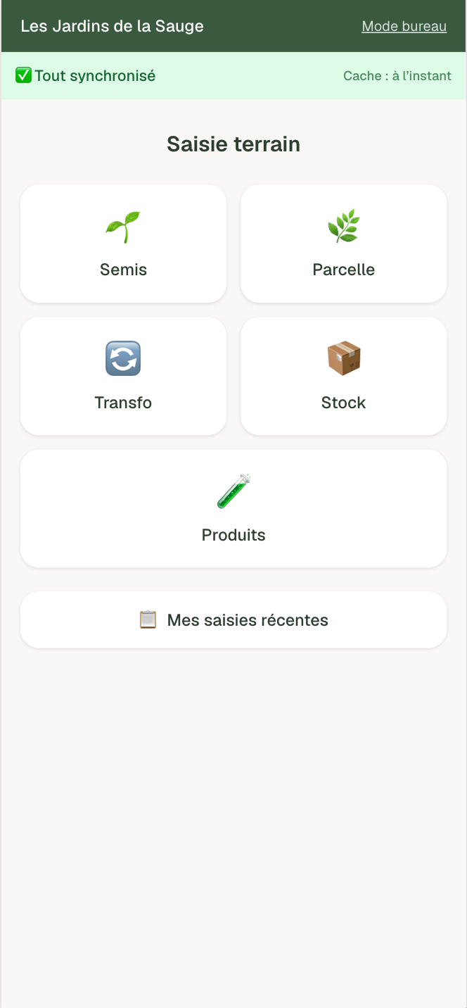 L'écran de saisie terrain de Carnet Culture sur téléphone : semis, parcelle, transformation, stock, produits.