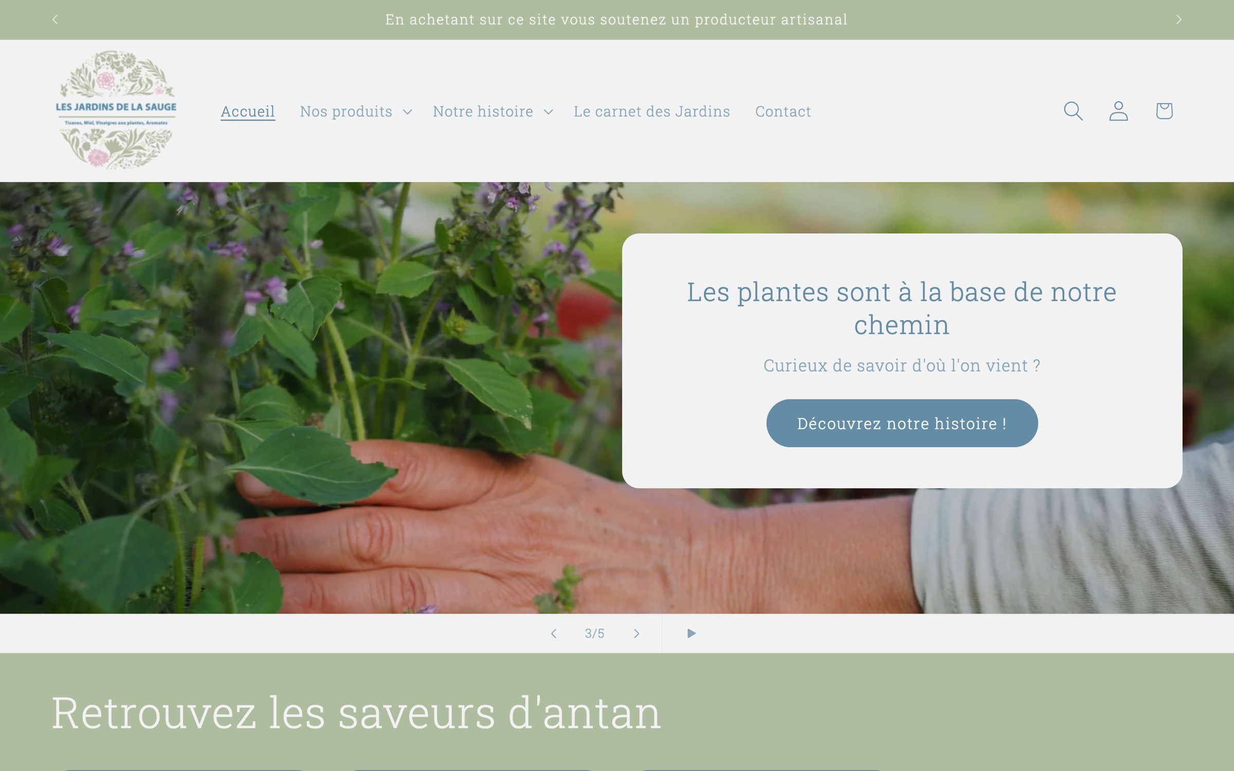 La page d'accueil du site des Jardins de la Sauge : le logo, le menu de la boutique et une main posée dans les plantes aromatiques.