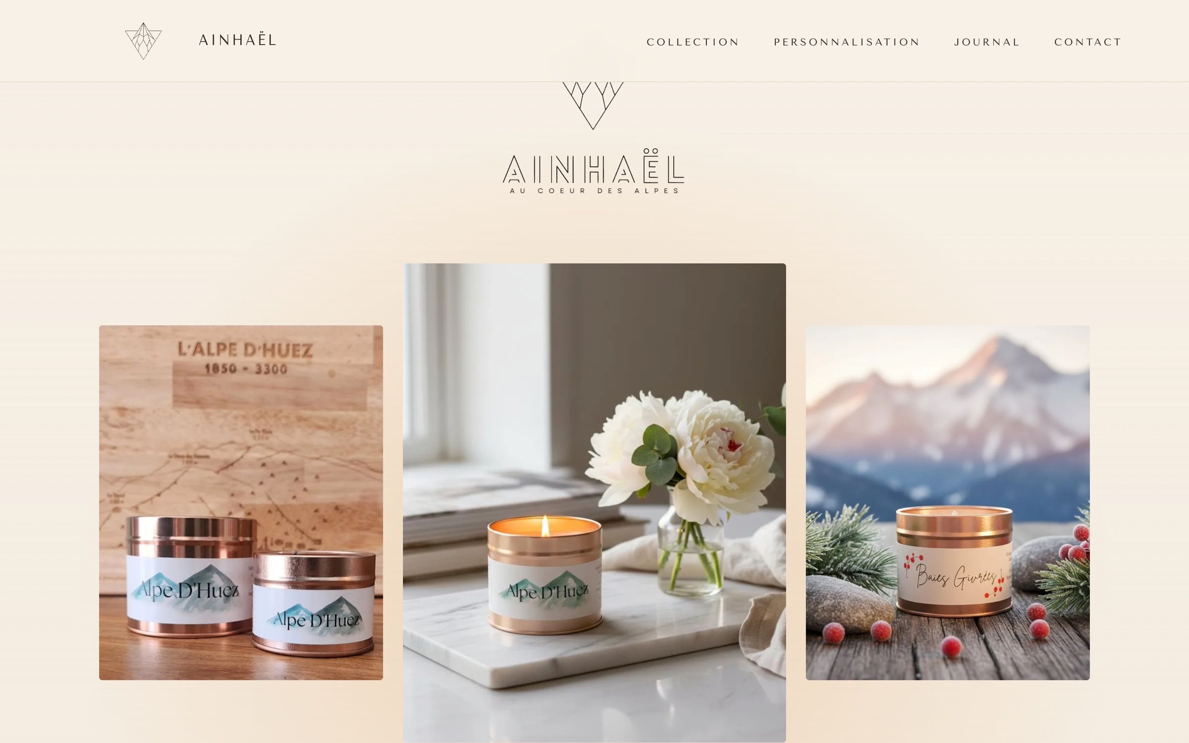 La page d'accueil du site Ainhaël : le logo et trois bougies parfumées.