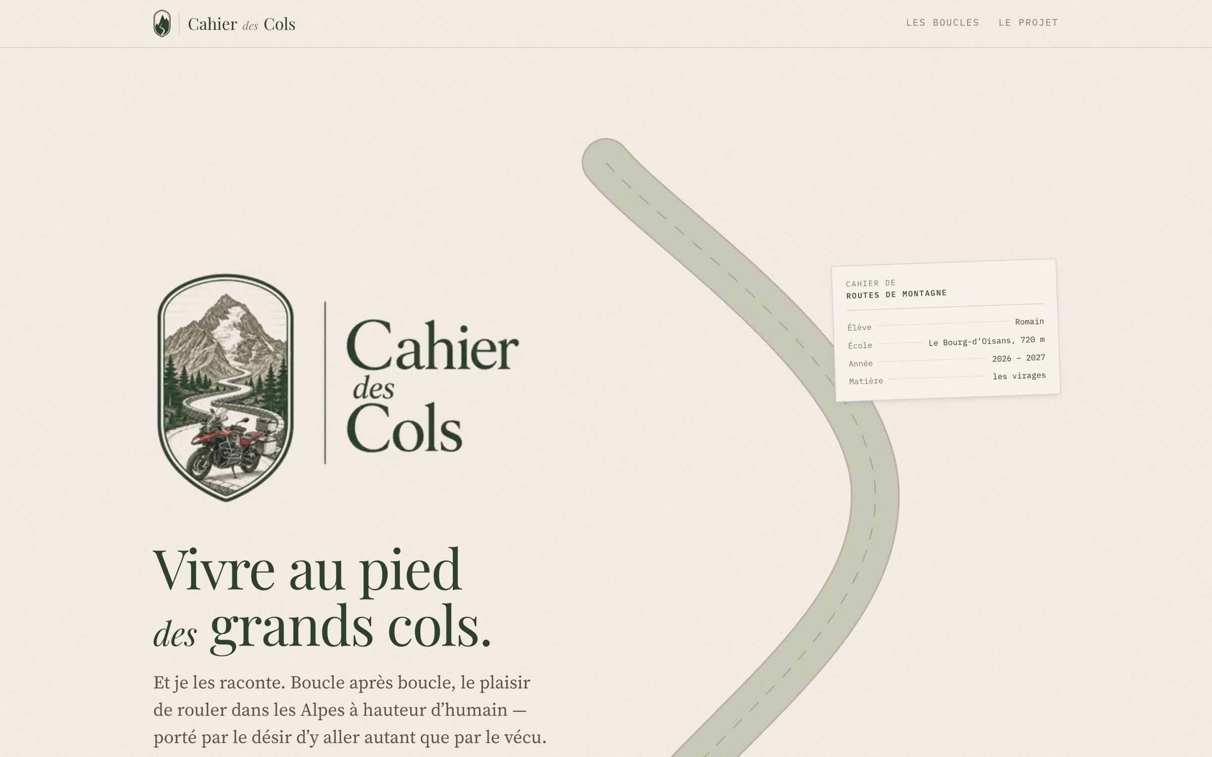 La page d'accueil du site Cahier des Cols.