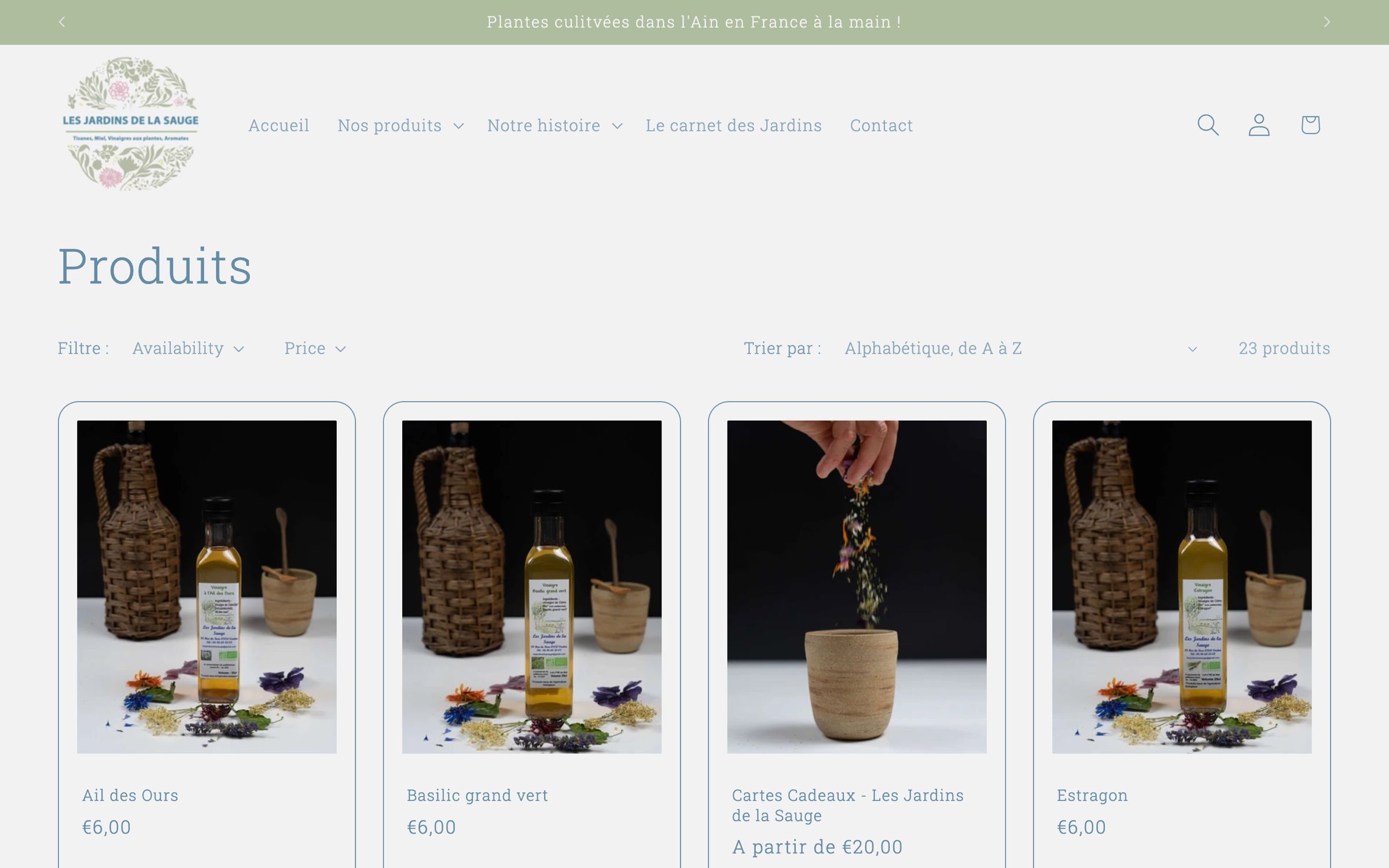 La page des produits du site des Jardins de la Sauge.
